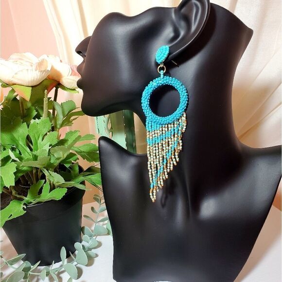 𝅺GOLDEN Slumbers Turquoise Seed Bead Fringe Earrings - Picture 1 of 4